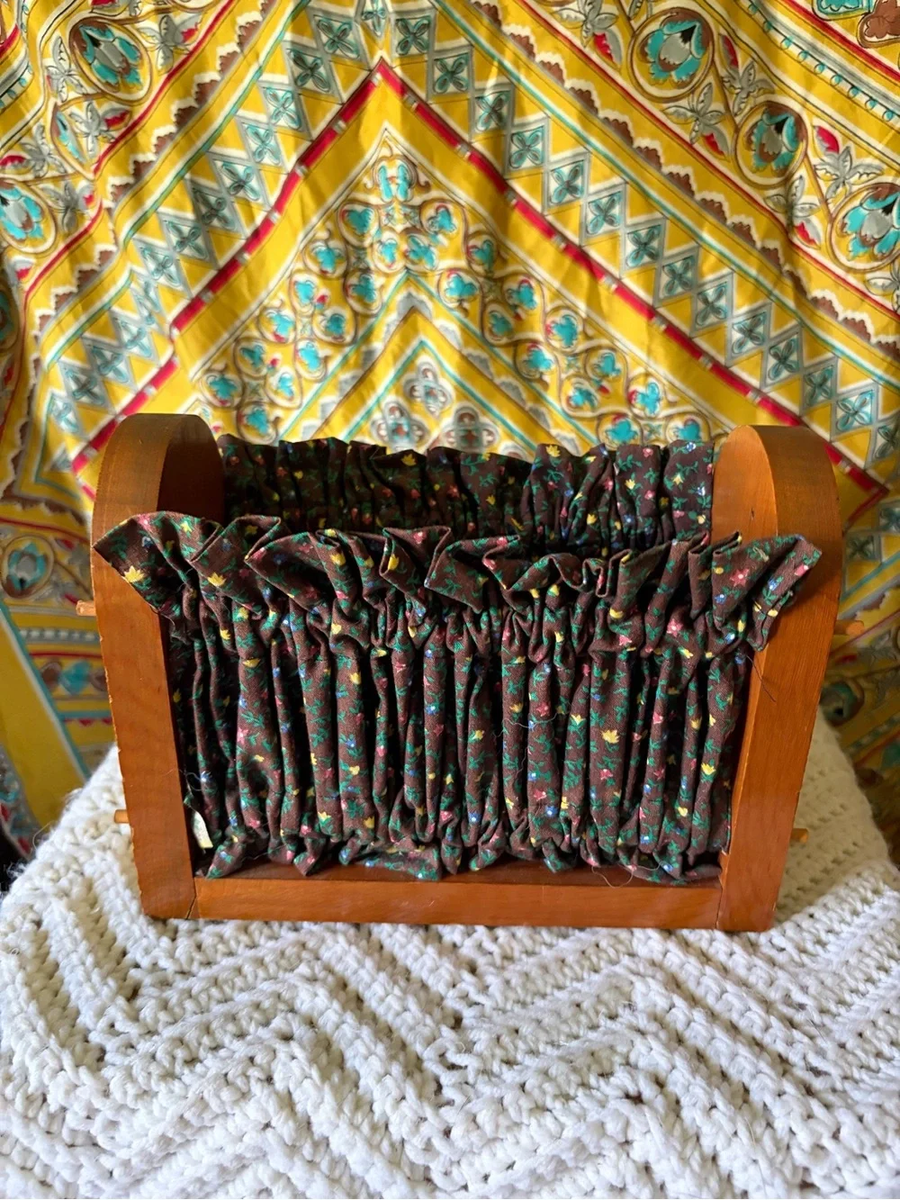 Wood and Fabric Rustic Napkin Caddy in Dark Brown Floral